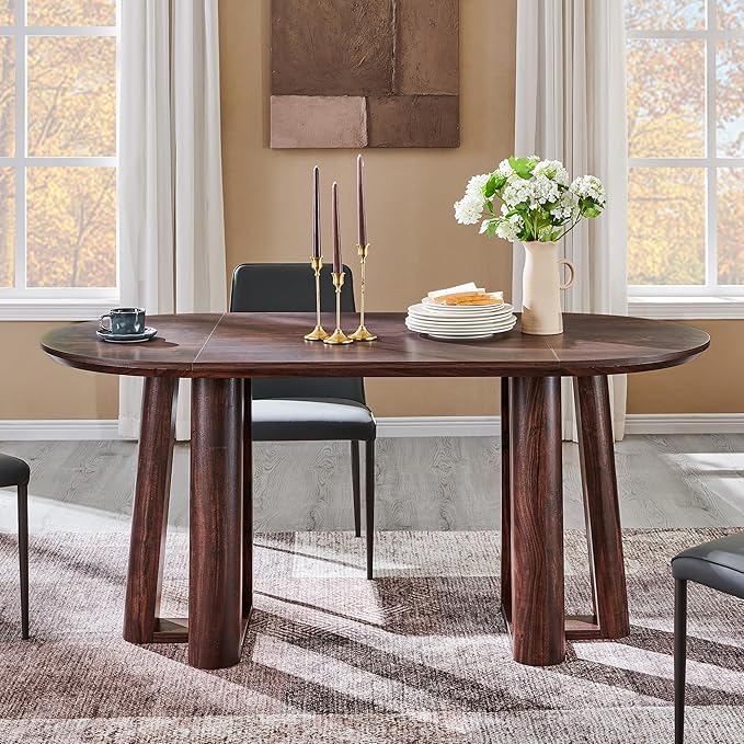 OKD 63" Dining Table for 6-8, Oval Dining Room Table with Triangular Structure Pedestal Stable Base, Curved Table Edge, Circle Kitchen Tables for Dining Room, Kitchen, Dark Walnut