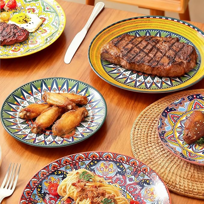 6-piece Bohemian plates, 8-inch main course plates, suitable for serving beef, lamb chops, turkey, and various main dishes; safe for microwave, oven, and dishwasher use