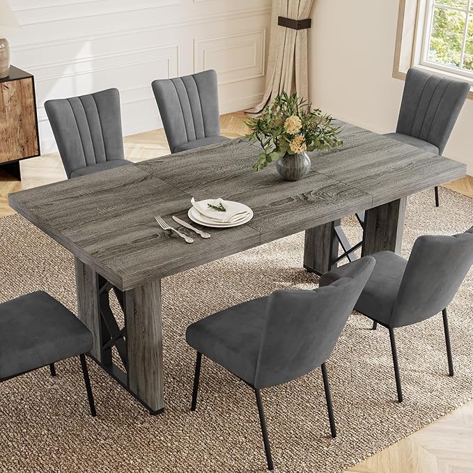 7-Piece Dining Table Set for 6 People, 70.8" MDF Kitchen Table with 6 Velvet Chairs, Space-Saving for Dining Room, Breakfast Nook(Grey Table+6 Grey Chairs)