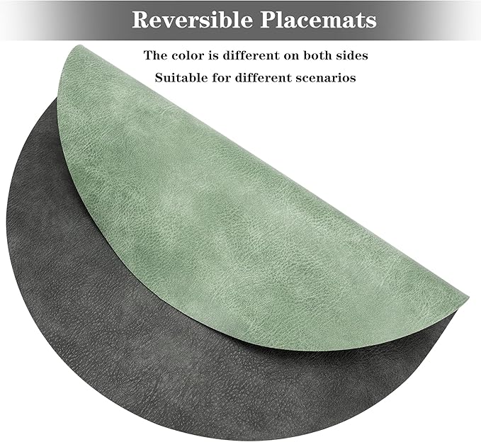 Round Placemats and Coasters Set of 6, Washable Reversible Faux Leather Placemats Cowhide Pattern Place Mats Wipeable Non-Slip 15 inch Round Kitchen Dining Table Mats (Gray Green, 6)