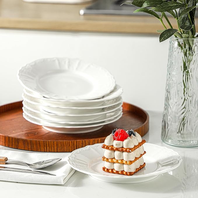 Neaylfe 8 Piece Embossed Ceramic Appetizer & Dessert Plates, 7.4 Inch White Round Dinner Plates for Salad, Snack, White Kitchen Dinnerware Dishes Set, Dishwasher & Microwave Safe