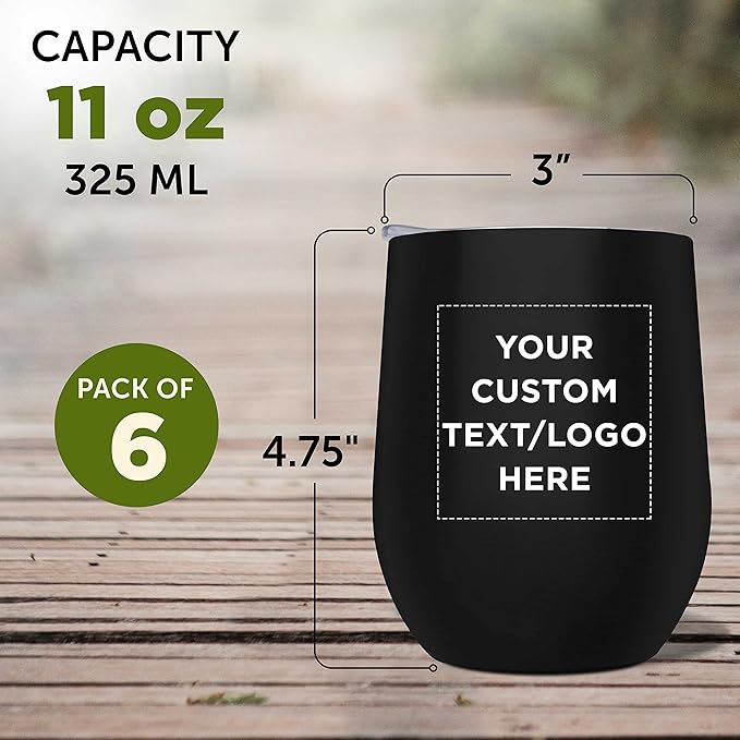 Custom Stemless Wine Glass Tumblers with Lids by Largo 11 oz. Set of 6, Personalized Bulk Pack - Perfect for Wine, Cocktails, Other Hot & Cold Beverages - Black