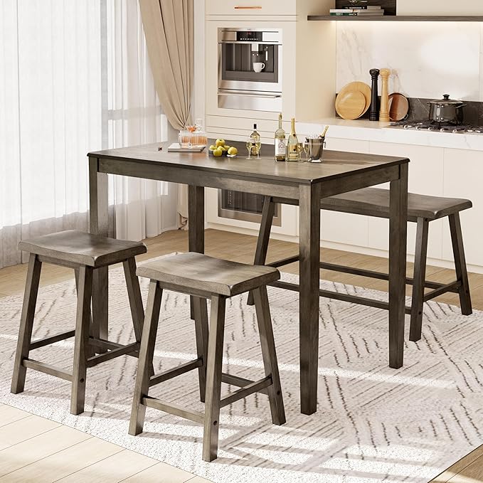 PHI VILLA Kitchen Table with Bench and Chairs, Counter Height Table and Chairs, Solid Wood Small Dining Table Set for 4, High Top Kitchen Table Chairs Set of 4, Smoky Brown