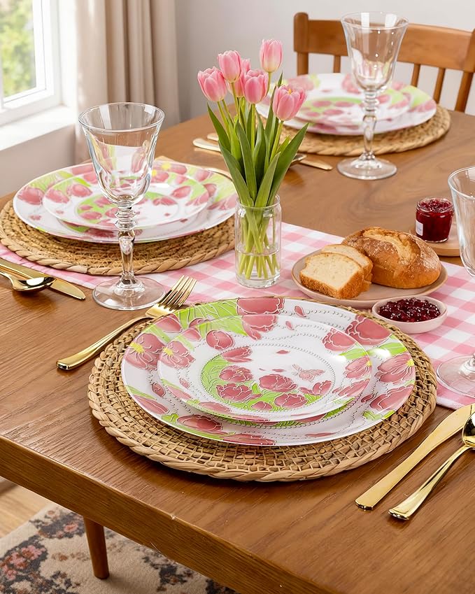 Hioasis 60pcs Plastic Disposable Plates Set - Pink Tulip & Butterfly Pattern with Pearl Trim, 10.25 Dinner & 7.5 Dessert Plates for Wedding,Anniversary,Party and Holiday