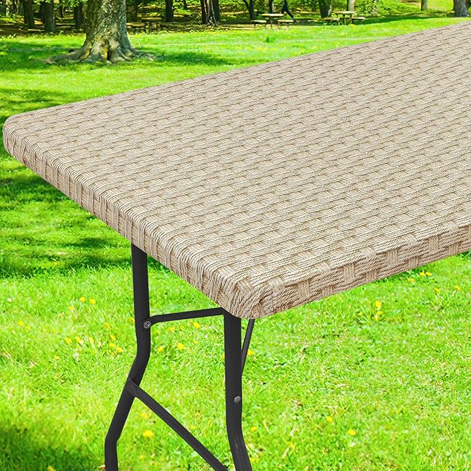 Smiry Rectangle Table Cloth Cover, Waterproof Elastic Fitted Picnic Tablecloth for 8 Foot Tables, Wipeable Flannel Backed Vinyl Tablecloths for Camping, Dining, Outdoor (Sand, 30" x 96")