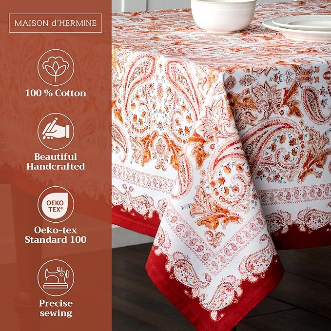 Maison d' Hermine Table Cloth Rectangle Table 100% Cotton 60 x 108 Inches Fall Tablecloth Reusable Everyday Use for Thanksgiving Christmas Decorations Dining Farmhouse Party (Orient)