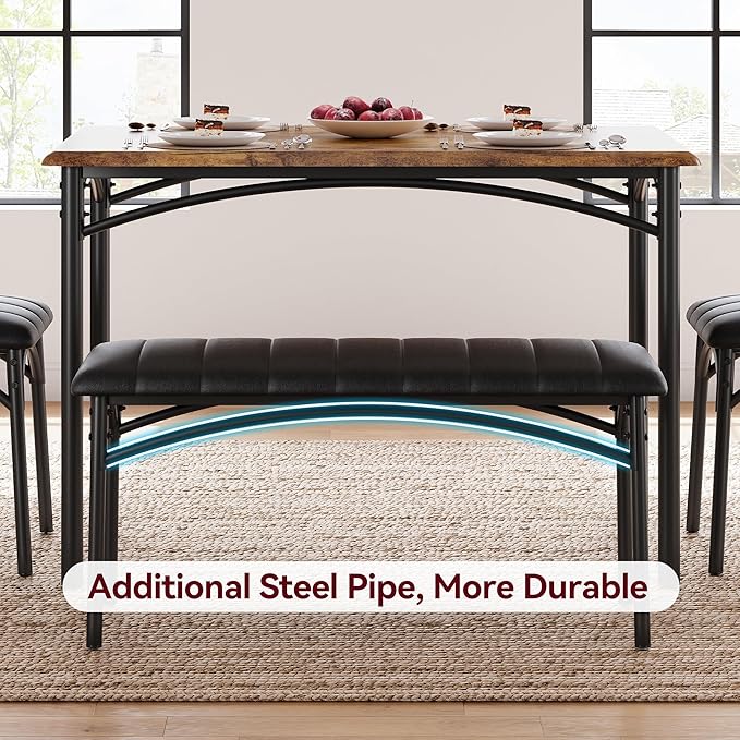 4-Piece Small Dining Table Set – Wood Table with 2 Upholstered Chairs & Bench, Space-Saving Retro Kitchen Dining Set for Small Apartment/Dining Room, Brown