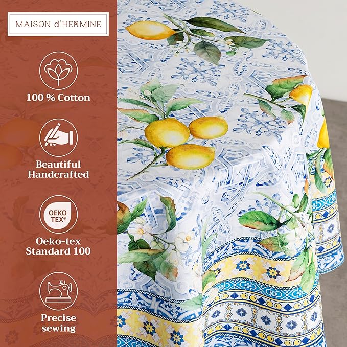 Maison d' Hermine Table Cloth Round Table 100% Cotton 63 Round Inches Tablecloth Reusable Decorative for Dining Room Farmhouse Home Valentines Day Decorations Spring Summer - Citrus