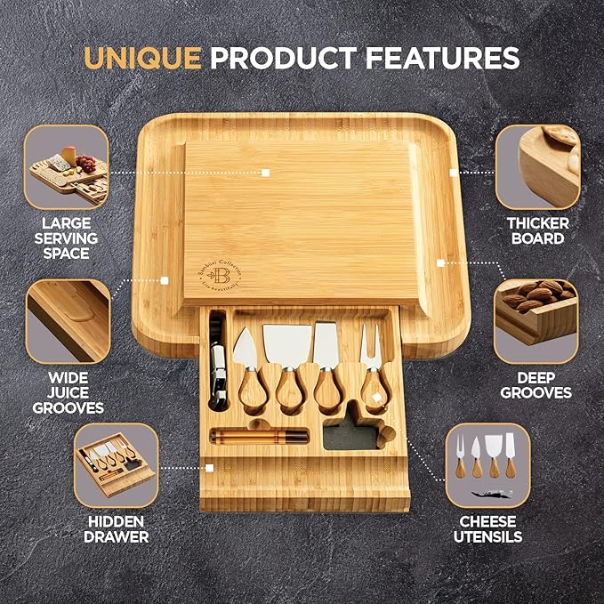 Charcuterie Boards Gift Set by Bambüsi - Large Bamboo Cheese Board for Serving, Entertaining, Cheese Platter for Kitchen, House Warming Gifts New Home, Wedding, Bridal Shower, Birthday Gifts for Women