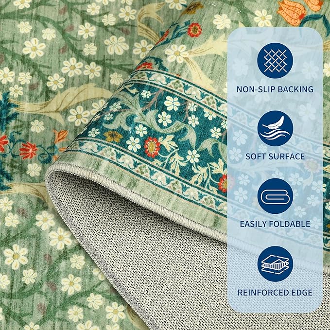GarveeHome Washable Rug for Living Room, 9x12 Large Area Rug for Dining Room Under Table, Bedroom, Floral Soft Low Pile Non Slip Stain Resistant Carpet for Nursery, Playroom, Office, Sage Green