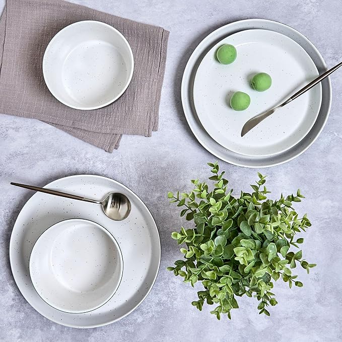 Sango 12-Piece Stoneware Dinnerware Set for 4, Modern White & Black Plates and Bowls Sets with Speckled Glaze, Durable Kitchen Ceramic Dish Set, Microwave & Dishwasher Safe Everyday Dishes, Stockholm