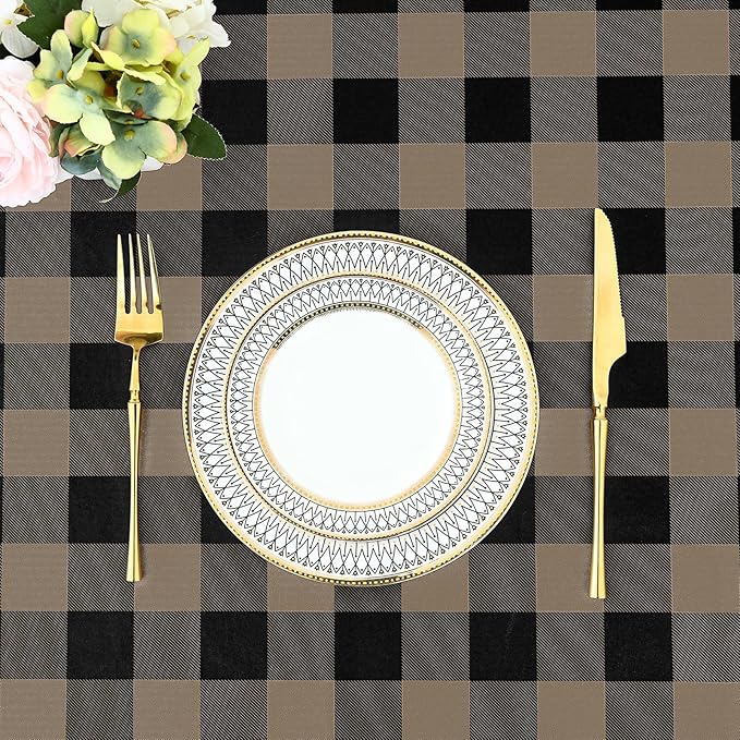 misaya Rectangle Waterproof Vinyl Table Cloth, Buffalo Flannel Backed Tablecloth, Wipeable Plastic Table Cover for Dinner, Kitchen, Outdoor (52" x 70", Black and Khaki)