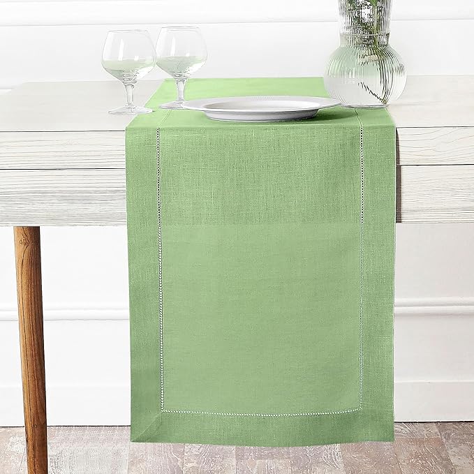 D'Moksha Homes Linen Sage Green Table Runner 108 Inches Long - 100% Pure Linen 14 x 108 Inch Table Runner for Spring, St Patricks Day, Easter - Classic Hemstitch