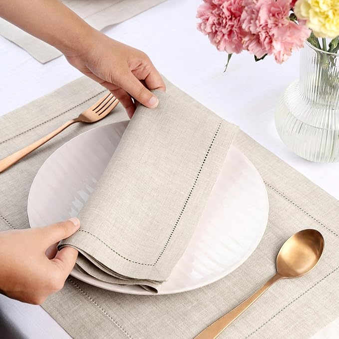D'Moksha Homes Light Natural Linen Napkins Set of 8 - Classic Hemstitch 100% Pure Linen Hemstitch Dinner Napkins 20 x 20 Inch for Valentines, Spring, Easter - Handcrafted and Machine Washable