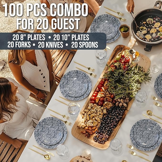 Trendables Fancy Plastic Dinnerware Sets 100 Pc 20 Guests Gold Silverware Disposable 20 X 10 Inch Charger Plates 20 X 8 Inch Dessert Plates 20 x Gold Plastic Forks and Spoons Knives In Garden Damask