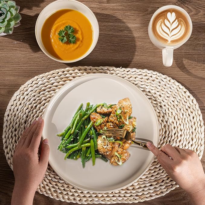 GBHOME Ceramic Dinnerware Sets for 4, 12 Pieces Stoneware Plates and Bowls Sets, Scratch Resistant Dishes, Dishwasher & Microwave Safe, Reactive Glaze-Vanilla color