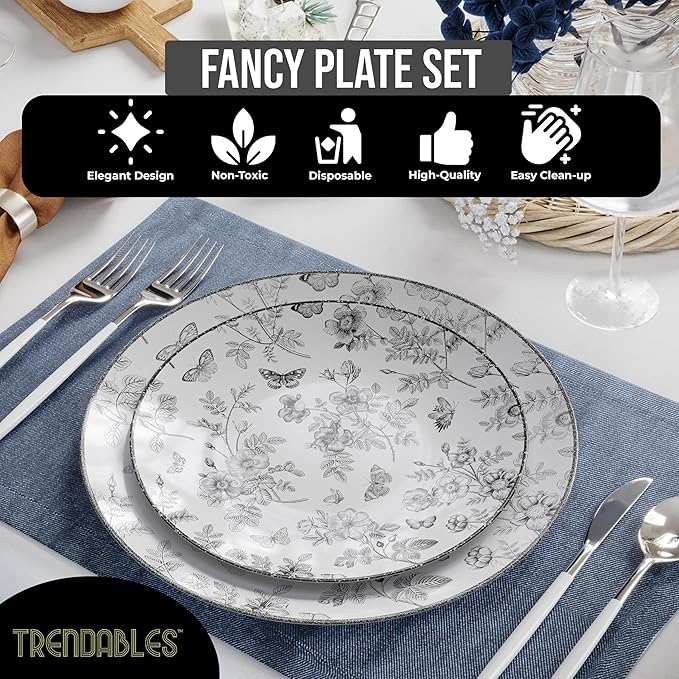 Trendables Disposable Plates For Party Supplies | Black Floral Plastic Plates For Wedding 200 Pcs - 100 X 8 & 100 X 10 Dinner Plate Sets | Floral Plate Set Disposable Plastic Dinnerware Sets