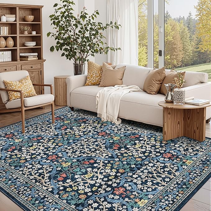 GarveeHome 6x9 Washable Area Rug for Living Room, Floral Dining Room Rugs for Under Table, Low Pile Non-Slip Stain Resistance Floor Carpet for Bedroom, Dark Blue