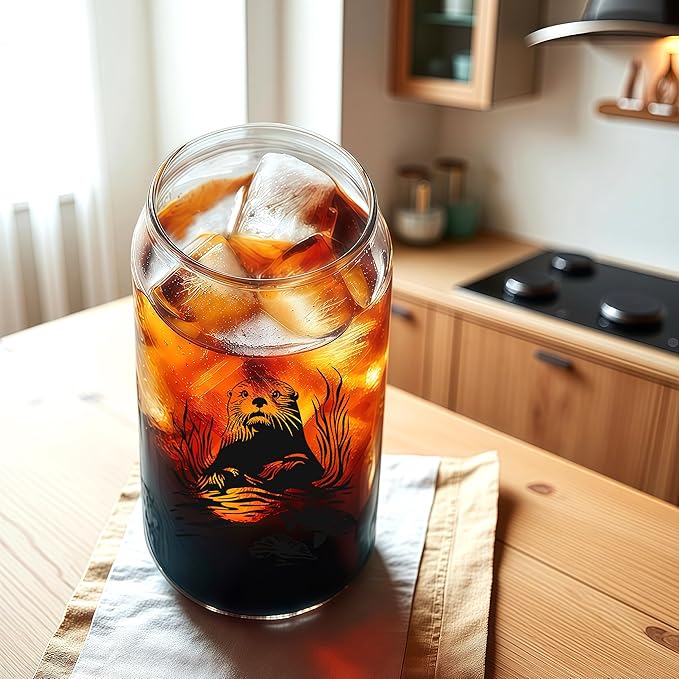 Cute Sea Otter Glass Cup With Lids And Straws, Sea Otter Gift For Women, Iced, Coffee, Smoothie, Cocktail, Beer, Whiskey, Soda, Matcha,16 Oz, Home Office Table Desk Decoration!
