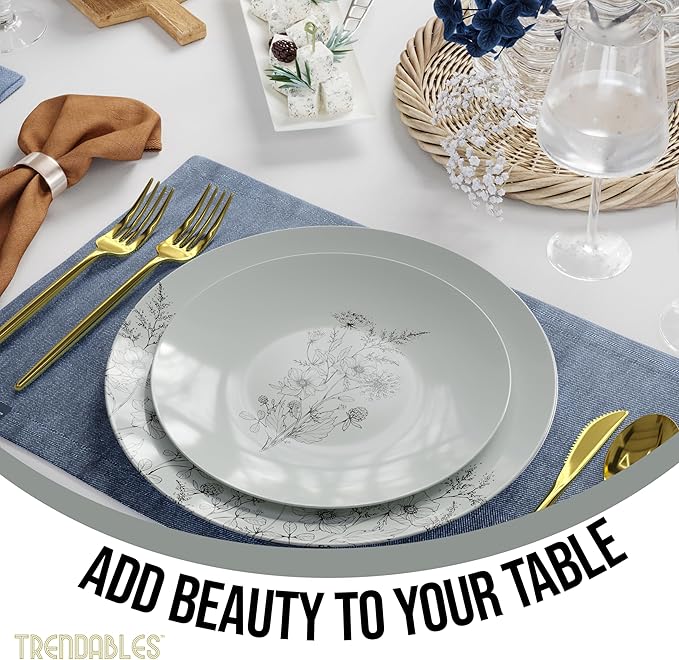 Trendables Disposable Dinnerware Decorative Plates Plastic Disposable Plates Set For 20 Guests 20 x 8 Inch Dessert Plate & 20 x 10 Inch Wedding Party Plate Set Dandelion Bloom