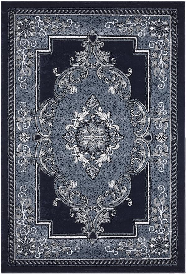 Modern 8 x 10 Rug for Living Room - Navy Oriental Large Area Rugs for Living Room, Dining & Bedroom - Hand Carved Runner Carpet - Durable Polyester - Non-Fade, Stain-Resistant - Turkish Made