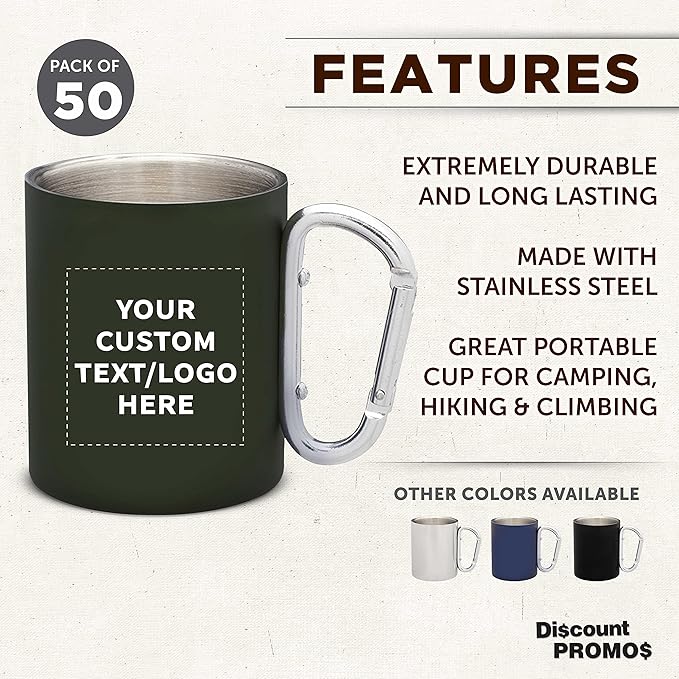 Custom Stainless Steel Mugs with Carabiner Handle 10 oz. Set of 50, Personalized Bulk Pack - Perfect for Coffee, Soda, Other Hot & Cold Beverages - Army Green