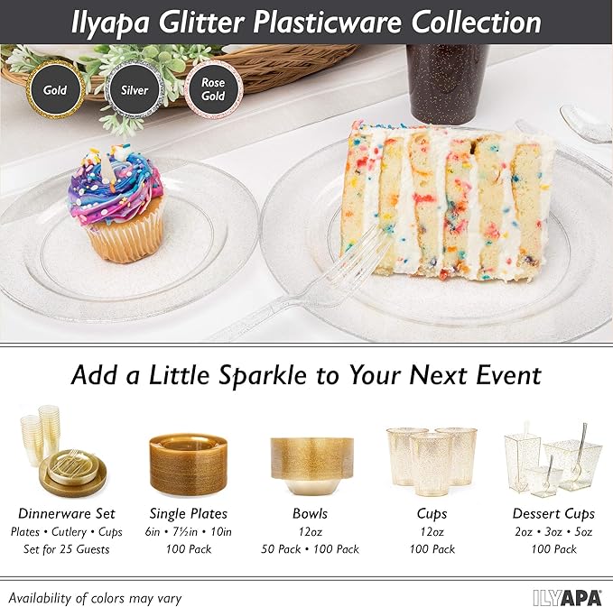 Ilyapa 100 Pack 12 ounce Silver Plastic Bowls, 12 oz Heavy Duty Disposable Plastic Bowls, 12oz Salad, Soup and Dessert Bowl, Wedding, Party Brunch, Silver Glitter