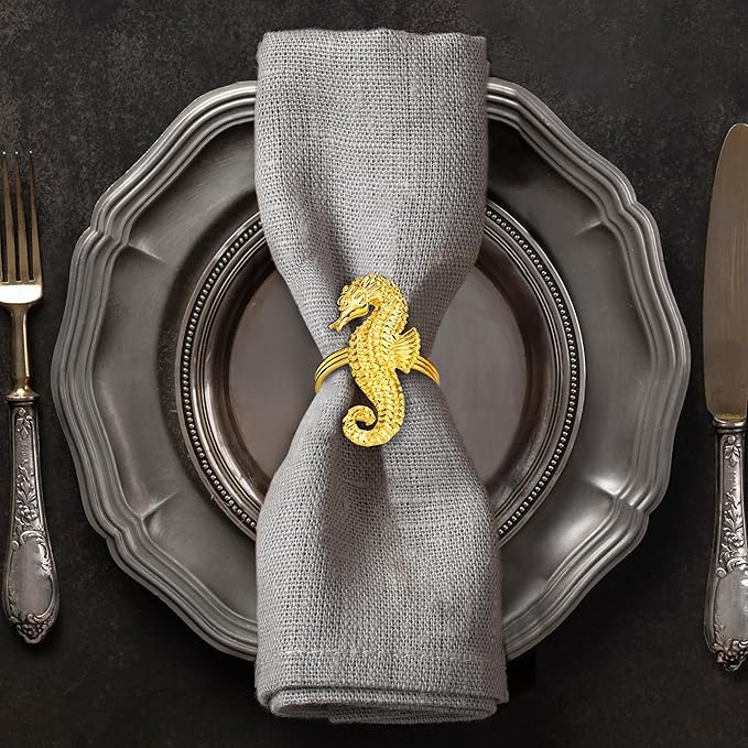 Decozen Set of 16 Gold Napkin Rings in Sea Horse Design, Festive, Table Decor Setting for Holiday, Wedding, Birthday, Kitchen, Home Decor, Housewarming Gift - Mothers Day Decorations