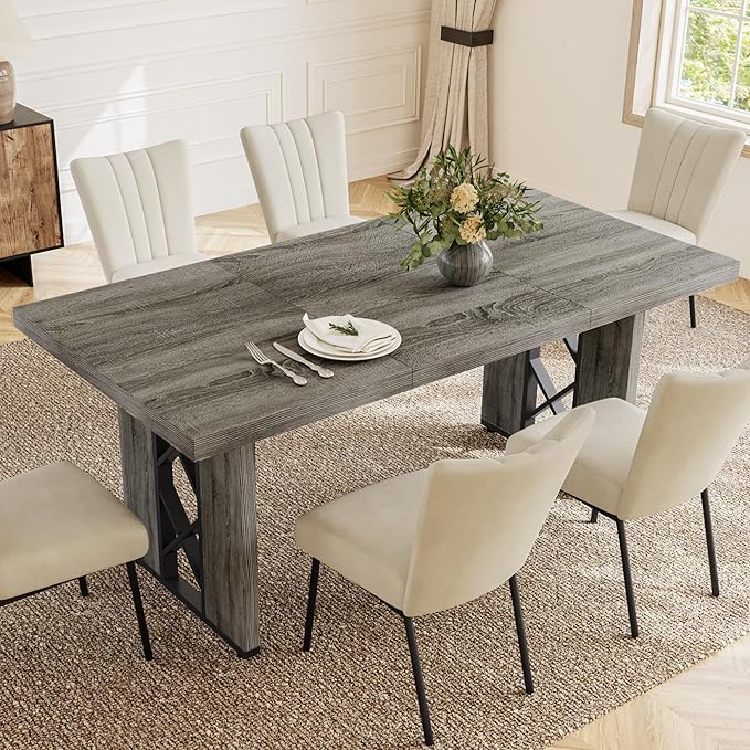 7-Piece Dining Table Set for 6 People, 70.8" MDF Kitchen Table with 6 Velvet Chairs, Space-Saving for Dining Room, Breakfast Nook(Grey Table+6 Beige Chairs)