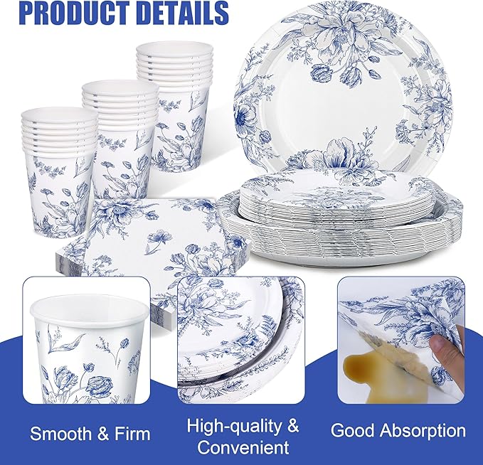 Kochorie 96 Piece Blue and White Floral Disposable Party Supplies Elegant Floral Paper Plates, Cups, and Napkins 9 Inch and 7 Inch Plates Serves 24 Guests for Birthday or Baby Shower