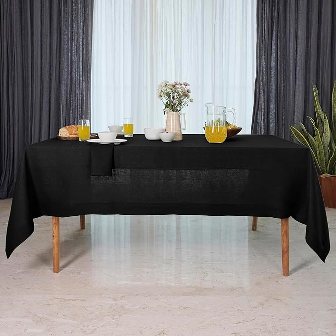 D'Moksha Homes Linen Black Tablecloth 60 x 102 Inch - 100% Pure Linen Rectangular Table Cloth - Machine Washable Tablecloth for Spring, Easter