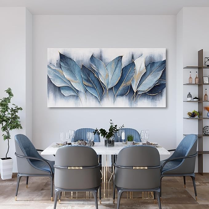 Framed Art Wall Decorations Blue Leaves Canvas Wall Art Abstract Art Modern Artwork For Living Room Bedroom Dining Room Home Office Decor 29"X58"