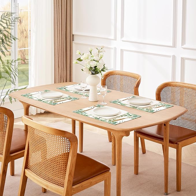 QIYI Boho Placemats Set of 4, 12x18 Inch Linen Fabric Place Mats for Kitchen Dinning, Farmhouse Rustic Cloth Table Mats, Washable Placemat Watercolor Foliage Party Table Décor, Green Leaves Border