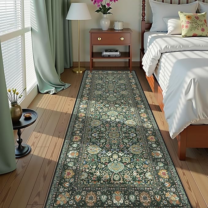 Runner Rugs 3x8 Boho Washable Area Rugs for Entryway Bathroom Kitchen, Long Rugs for Hallway Soft Low Pile Non-Slip Rubber Backing Oriental Dark Green