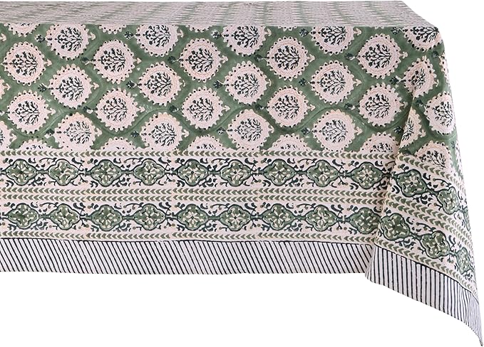 ATOSII Kari Green 100% Cotton Square Boho Summer Tablecloth, Block Print Floral Table Cloth Linen for Dining, Parties, Wedding, Outdoors Home Decor 60 X 60 Inches I 4 Seater I