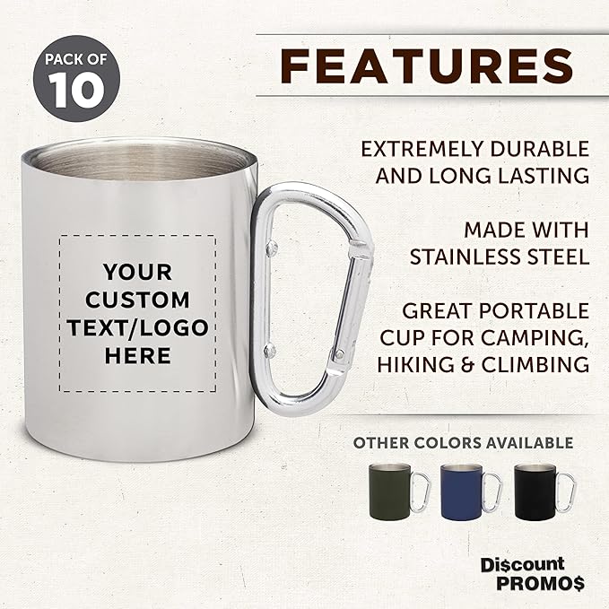 Custom Stainless Steel Mugs with Carabiner Handle 10 oz. Set of 10, Personalized Bulk Pack - Perfect for Coffee, Soda, Other Hot & Cold Beverages - Silver