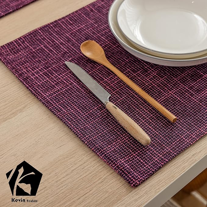 Kevin Textile Burlap Linen Placemats Set of 4 Heat Resistant Dining Table Place Mats Washable Kitchen Table Mats, 13 x19 inches, Red Purple