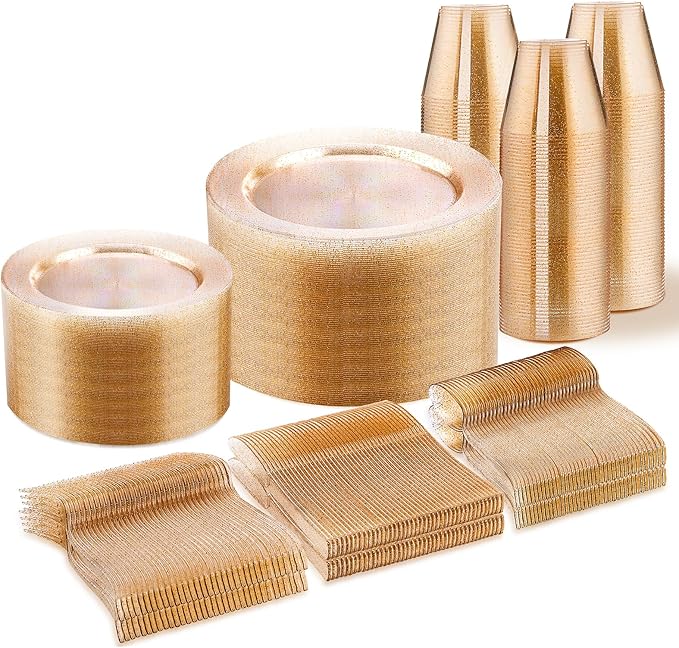 WELLIFE 450 PCS Gold Glitter Disposable Dinnerware Set for 75 Guests, Plastic Plates for Party, Including 75 Dinner & Salad Plates, Cups, Forks Knives Spoons for Wedding and Party Supplies