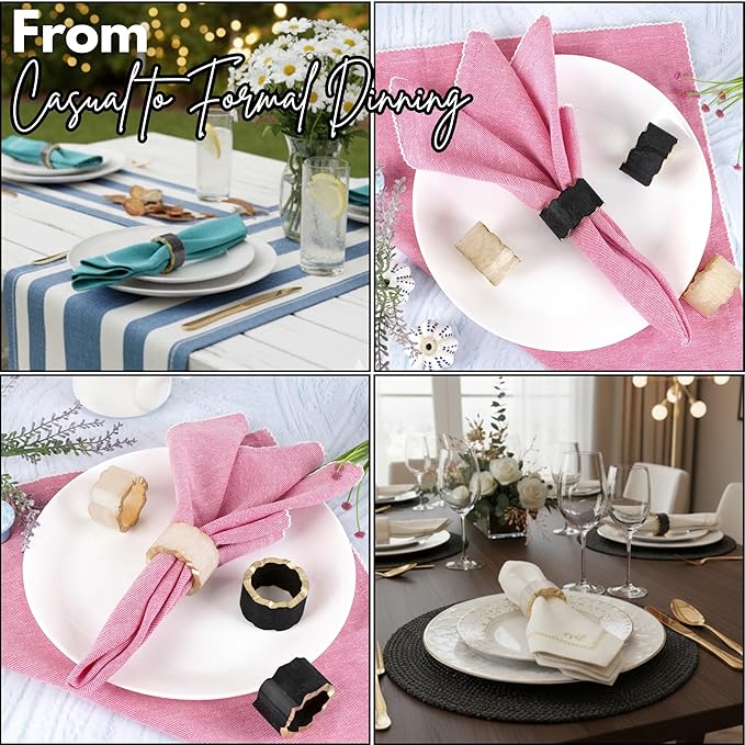 ALPHA Living HOME Epoxy Resin Napkin Rings - 12 Pieces Farmhouse Napkin Rings Holder for Wedding, Banquet, Adornment for Table Settings, Boho Style for Dining Table, Wedding (Black & Cream)