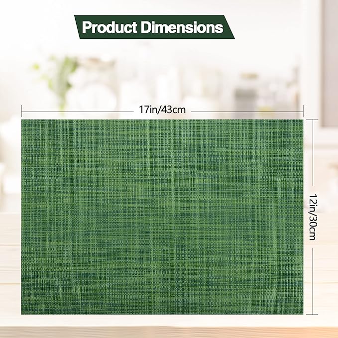 SLKQG Green Placemats Set of 8 - Wipe Clean Vinyl Placemats - Washable Heat Resistant PVC Placemats for Dining Table - 17x12 Inch (Green, 8)