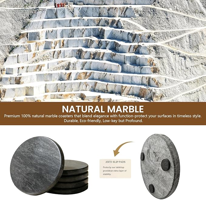 Natural Marble Coasters, Round Costers, Luxury Aesthetic Modern Decor for Coffee Table Bar Kitchen Home, Grey Marble, Real Natural Semi Absorbent Stone Coasters