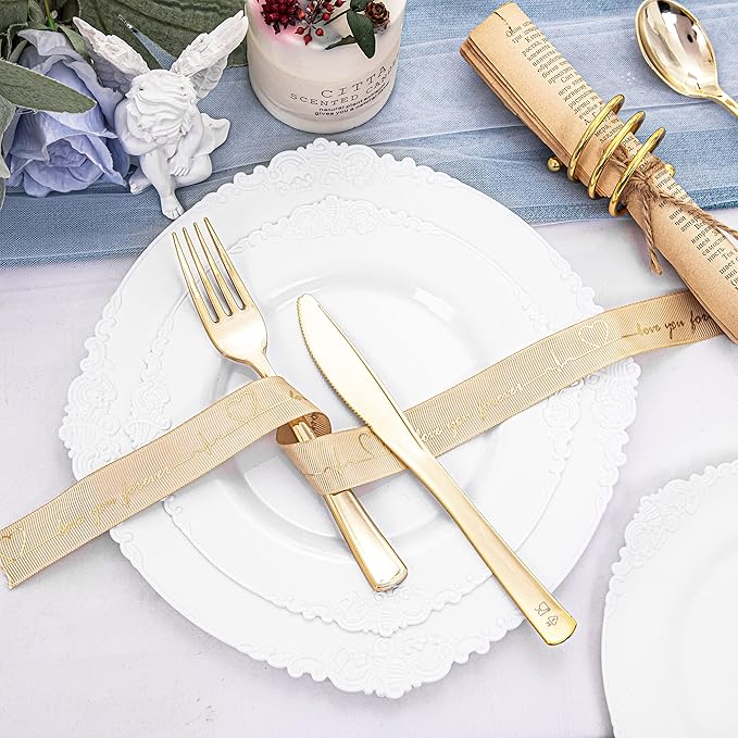 Morejoy 100PCS White Plastic Plates，White Disposable Plates，Include 50 Pieces 10.25 Inch Dinner Plates & 50Pieces 7.5 Inch Dessert Plates,Perfect for Weddings & Party