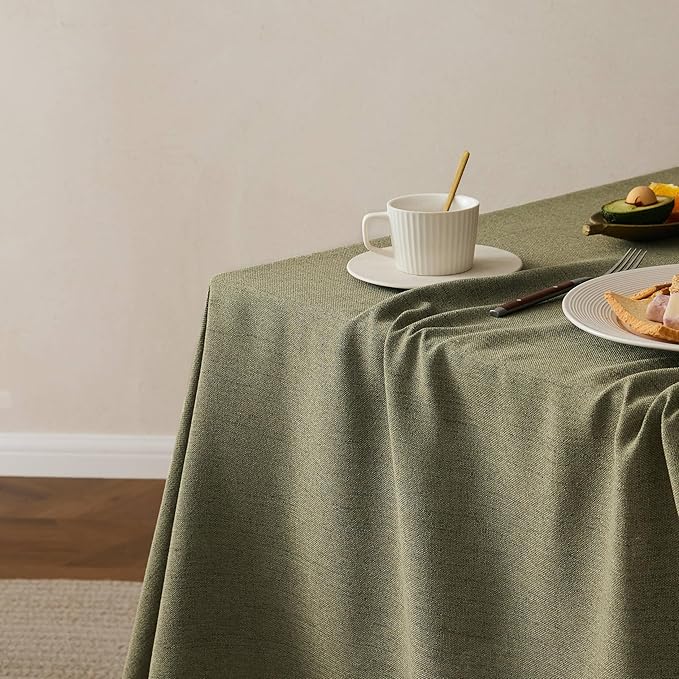 Linen Tablecloth for Rectangle Table, 60x84 Inch Olive, Farmhouse Style Green Tablecloth, Water Resistant Burlap Tablecloths for Dining Table Farmhouse Kitchen