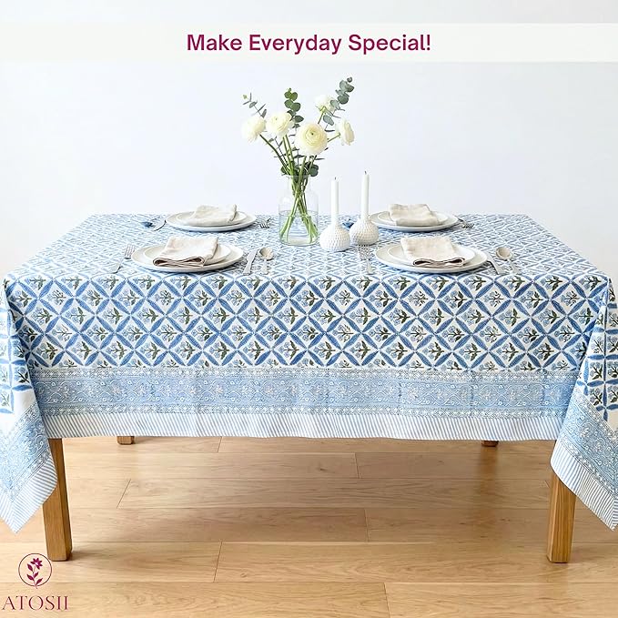 ATOSII Netta Blue 100% Cotton Rectangle Boho Fall Tablecloth, Handblock Floral Table Cloth Linen for Kitchen Dining I Parties Wedding Outdoors Farmhouse Grandmillennial I 72 X 108 Inches I 8 Seater