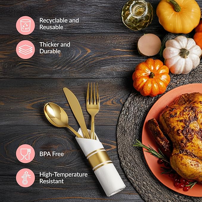 Prestee 100 Piece Gold Plastic Silverware Set - 25 Pre-Rolled Plastic Utensils Set with Forks, Knives, Spoons, and White Napkins - Fancy Disposable Flatware for Dinner Parties, Weddings, and Events