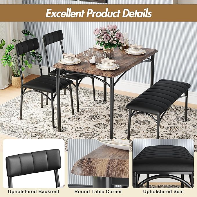 Dining Table Set for 4, Rectangular Kitchen Table and Chairs Set of 4 for Small Spaces, Modern Dining Room Table Set with Upholstered Bench and 2 Chairs, Space Saving Dining Furniture for Apartments