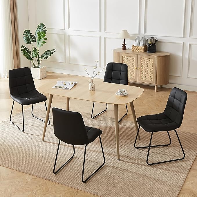55 Inch Modern Wood Dining Table Set for 4 with Black Leather Chairs - Kitchen & Dining Room Furniture, Gray Table & 4 Seater Chairs Set (55.1")