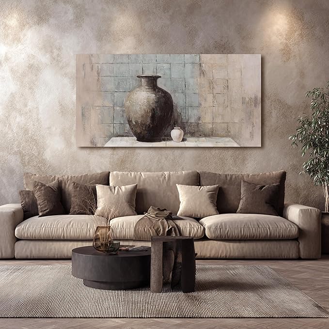 Abstract Wall Art Vintage Vase Still Life Textured Oil Painting Style Canvas Painting Framed Blue Gray Brown Wall Decor Rustic Artwork，Suitable for Decorating Living Rooms, Bedrooms, Dining Rooms, and Home Offices 20"X40"