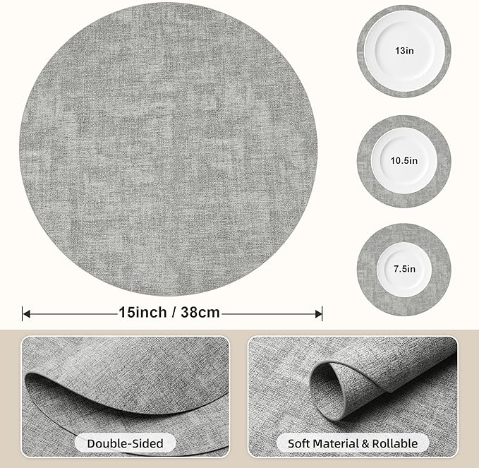 15 inch Faux Leather Round Placemats Set of 4 Non-Slip Washable Wipeable Table Mats, Heat Resistant Waterproof Oilproof Place Mats for Kitchen, Dining, Party, Indoor, Outdoor Beige