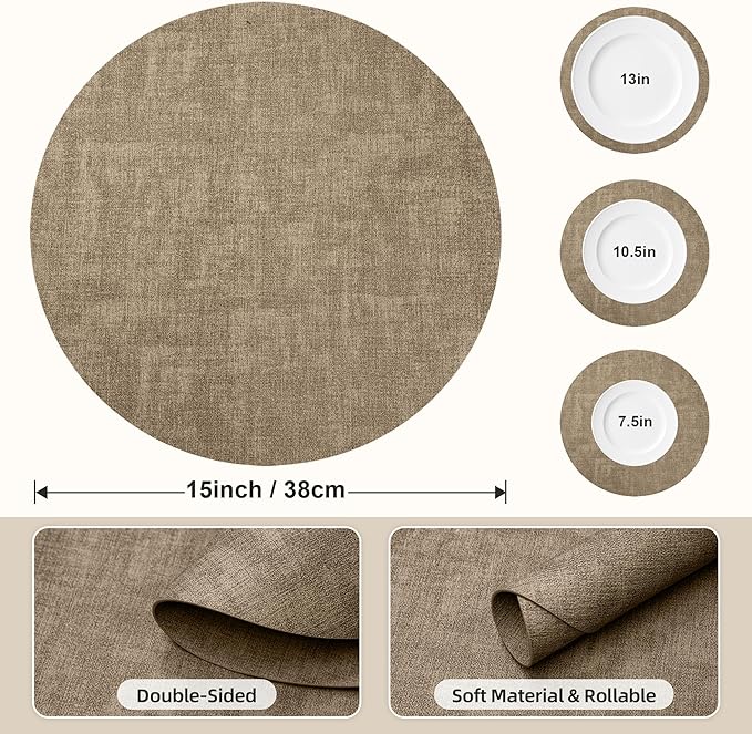 15 inch Faux Leather Round Placemats Set of 6 Non-Slip Washable Wipeable Table Mats, Heat Resistant Waterproof Oilproof Light Coffee Place Mats for Kitchen, Dining, Party, Indoor, Outdoor